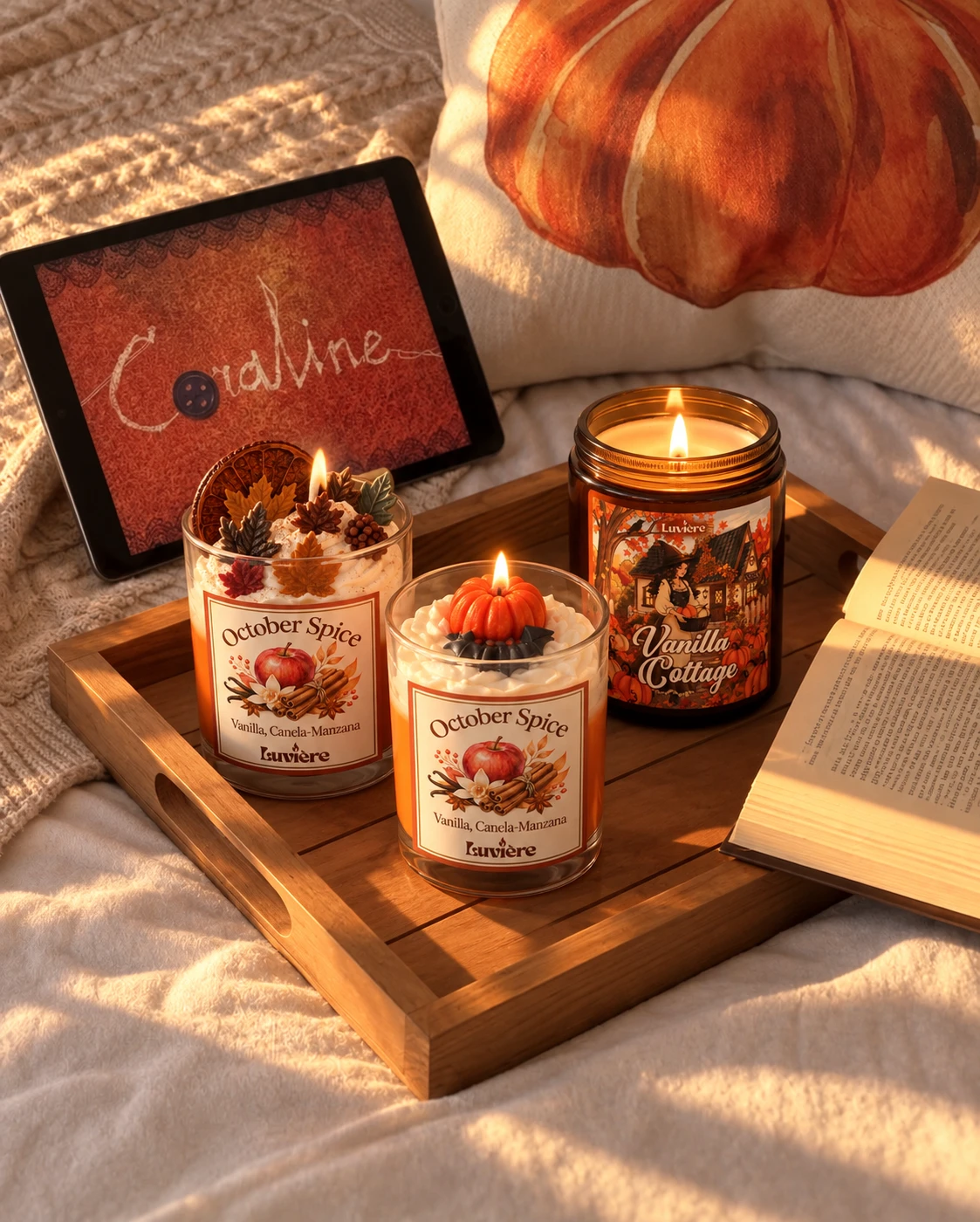 Velas October Spice y Vanilla Cottage sobre una bandeja de madera junto a un libro