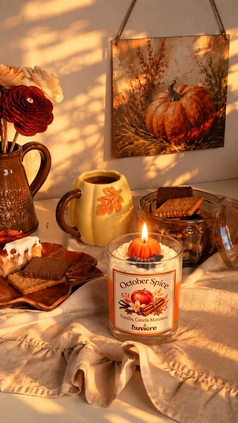 Vela October Spice encendida junto a dulces bajo la luz del atardecer